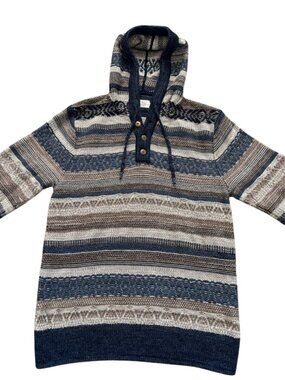 Faherty Men’s Baja Striped Knit Hooded Quarter Button Sweater Navy Tan - Size M